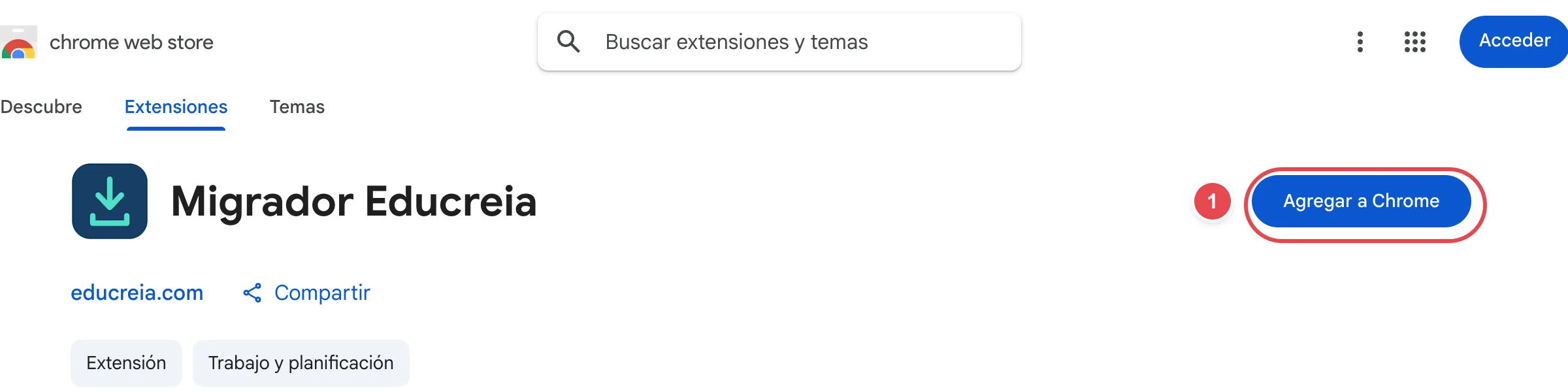 La ficha del Migrador en la Chrome Web Store y el botón Agregar a Chrome (1)