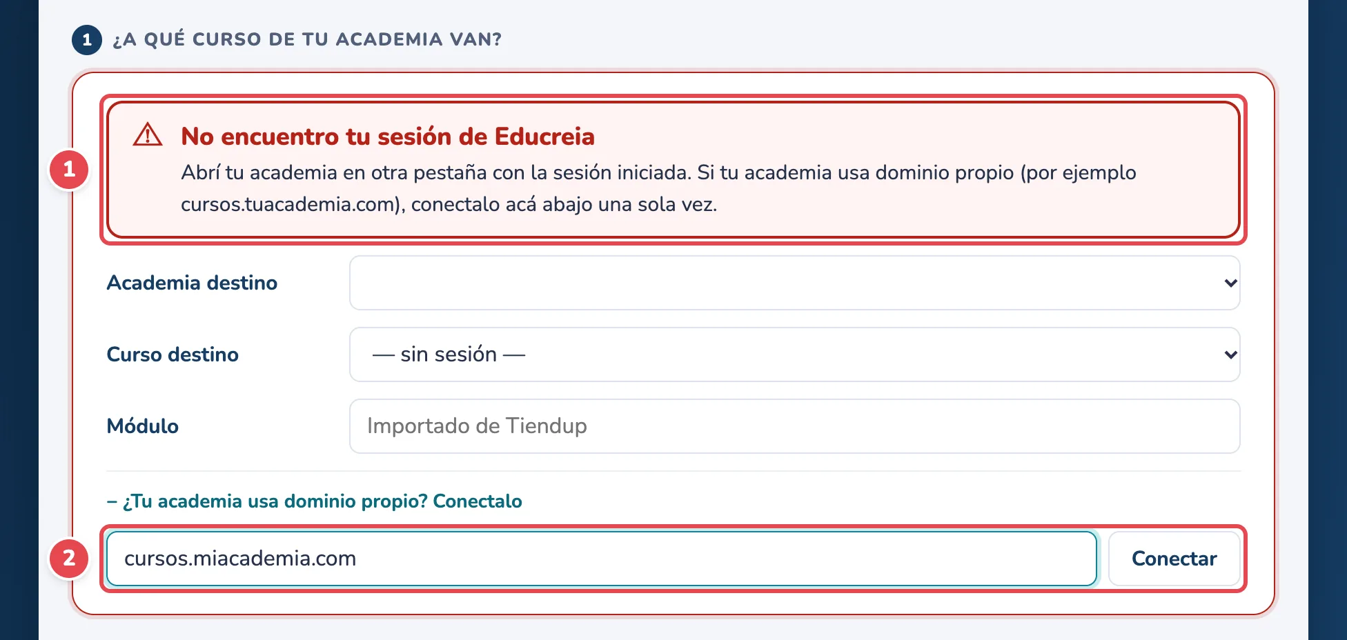 El cartel de sesión (1) y dónde conectar tu dominio propio (2)
