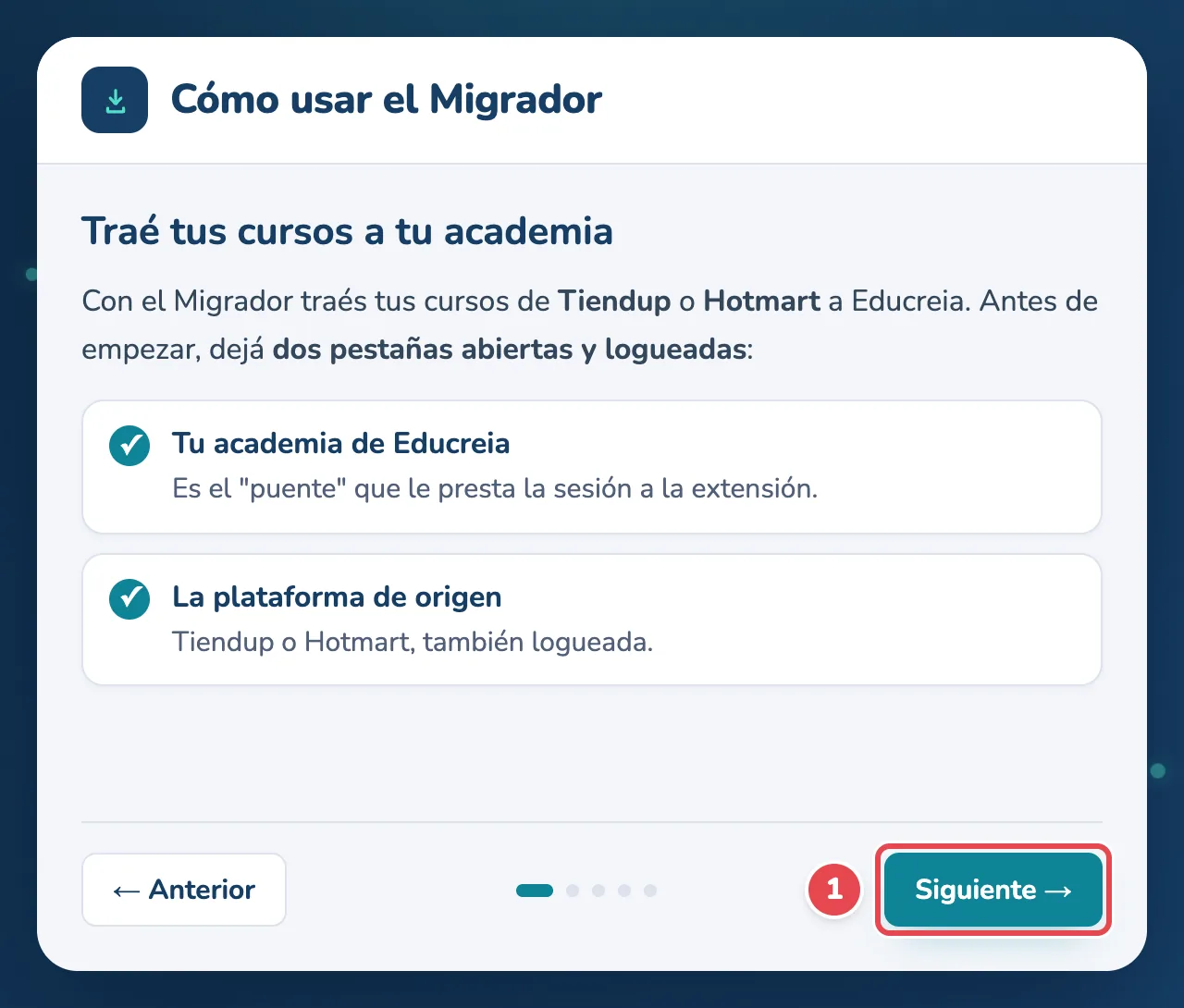 El instructivo de bienvenida del Migrador y el botón Siguiente (1)