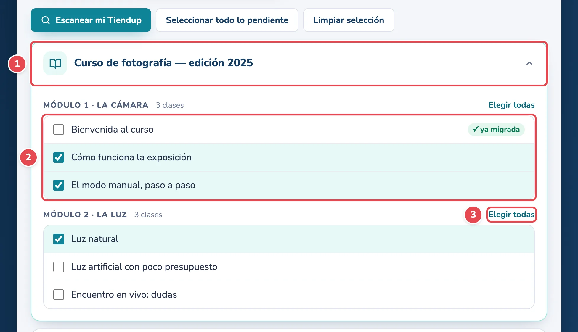 Abrir un curso (1), tildar clases (2) y Elegir todas (3)