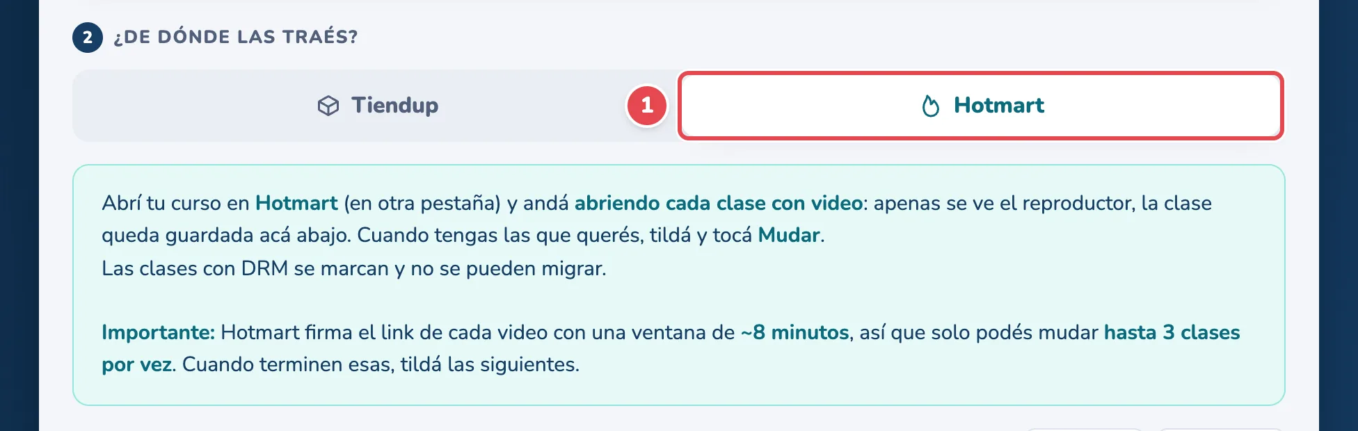 Hotmart (1) y las instrucciones del Migrador