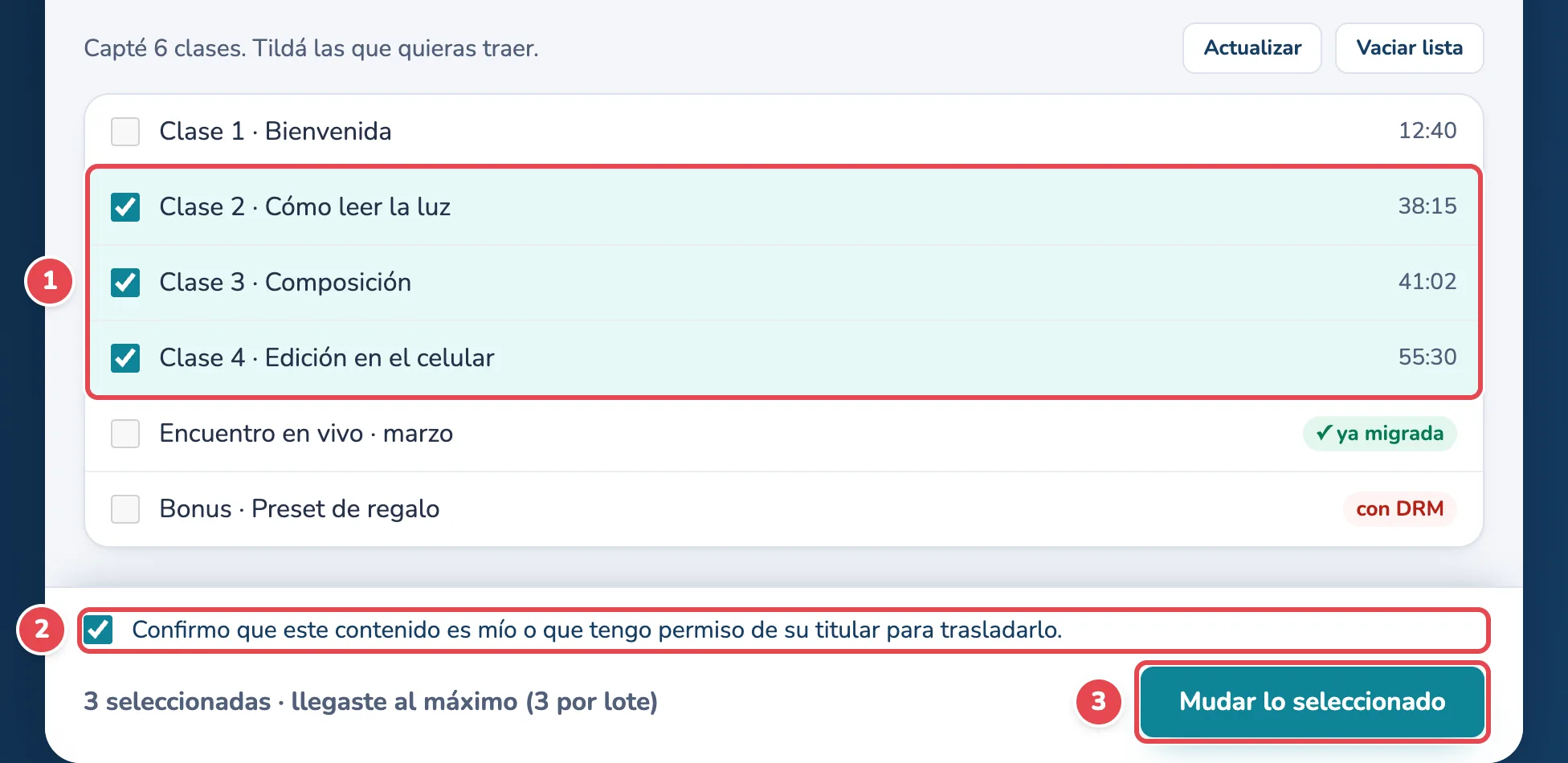 Tres clases tildadas (1), la confirmación (2) y Mudar lo seleccionado (3)