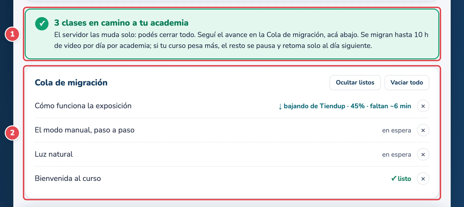 El aviso de que van en camino (1) y la Cola de migración (2)