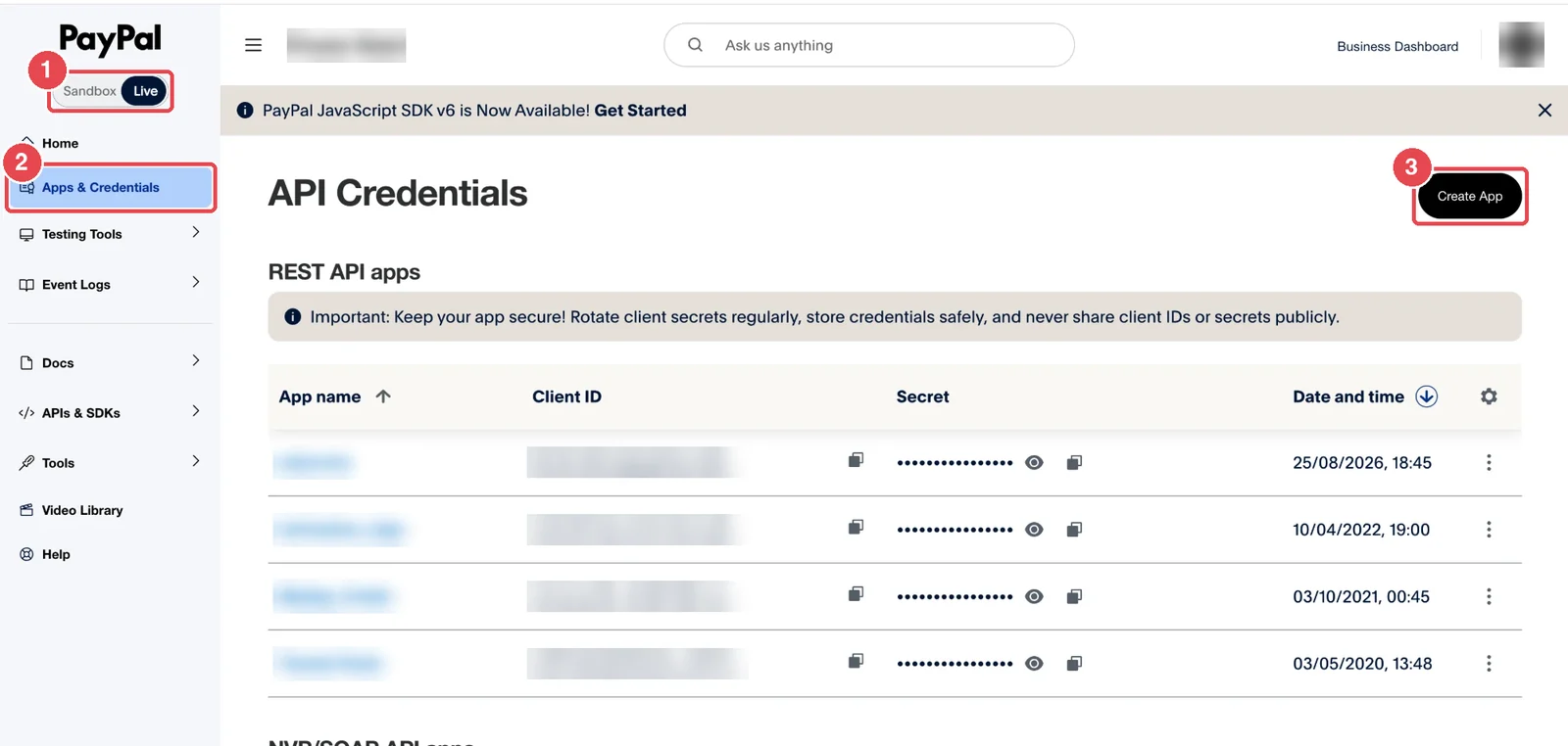 El switch en Live (1), Apps & Credentials (2) y el botón Create App (3)