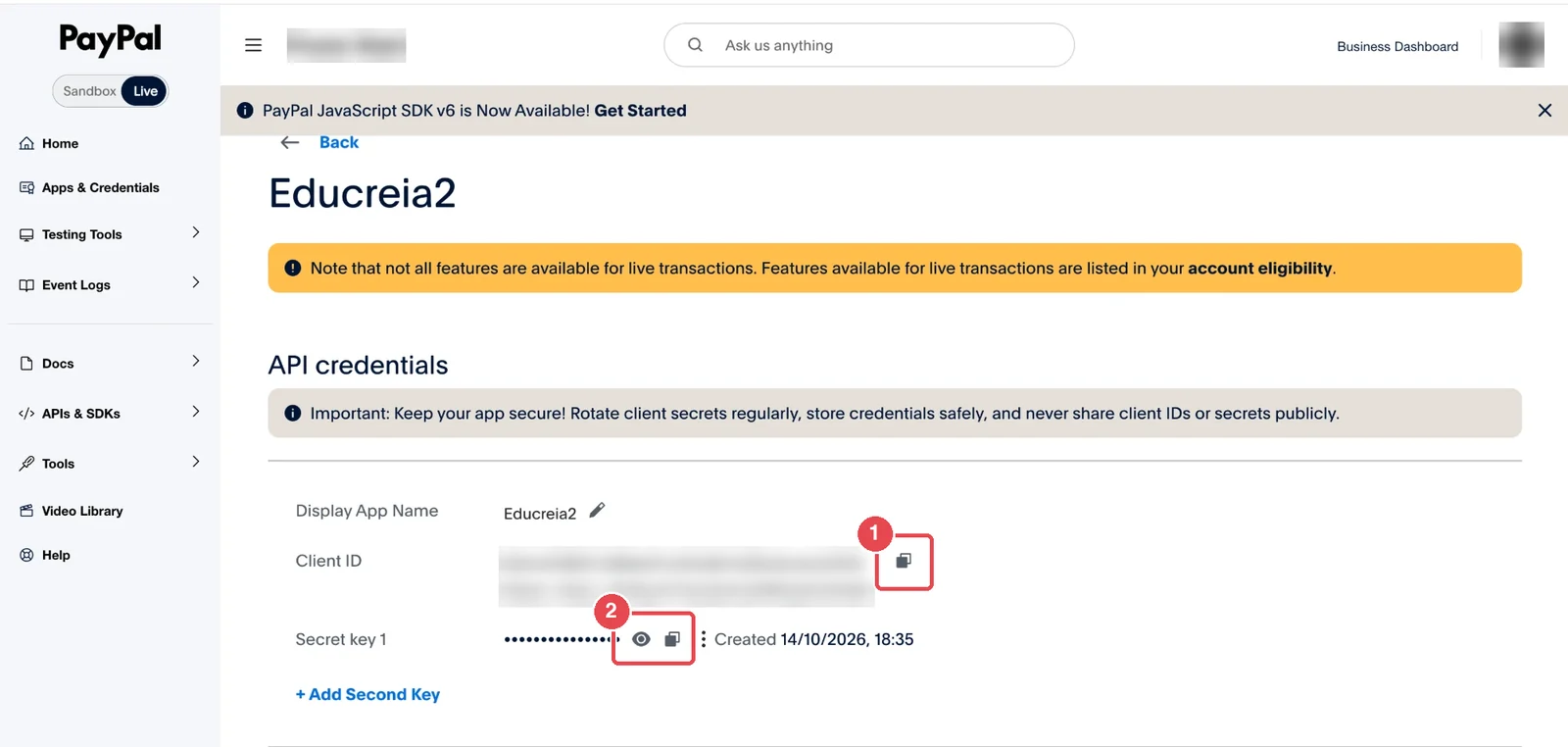 Copiar el Client ID (1) y el Secret key 1 (2)