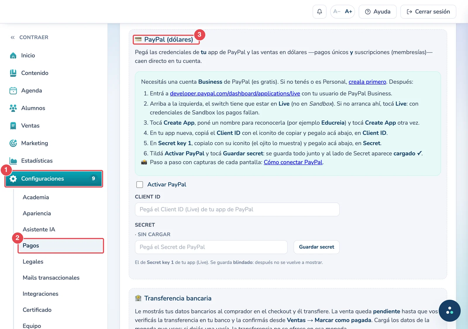 Configuraciones (1), Pagos (2) y el bloque de PayPal (3)