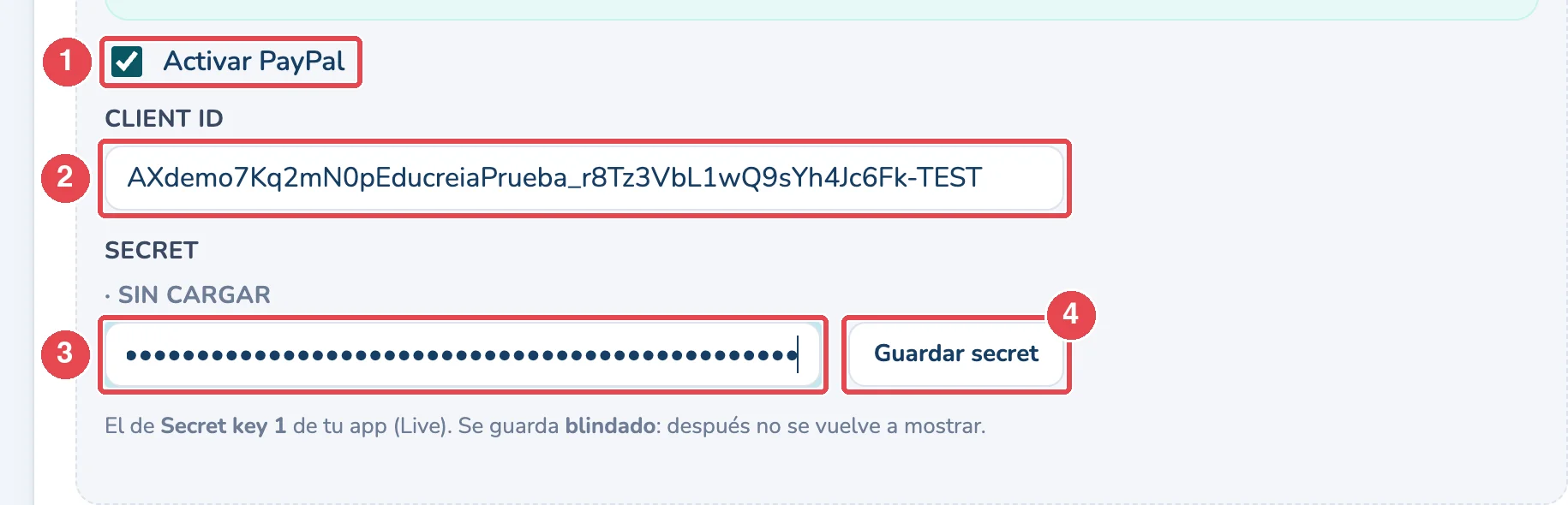 Activar PayPal (1), Client ID (2), Secret (3) y Guardar secret (4)